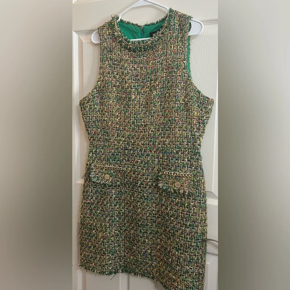 Alexia Admor Green and Gold Tweed Sheath Dress Size 14 - Picture 2 of 7